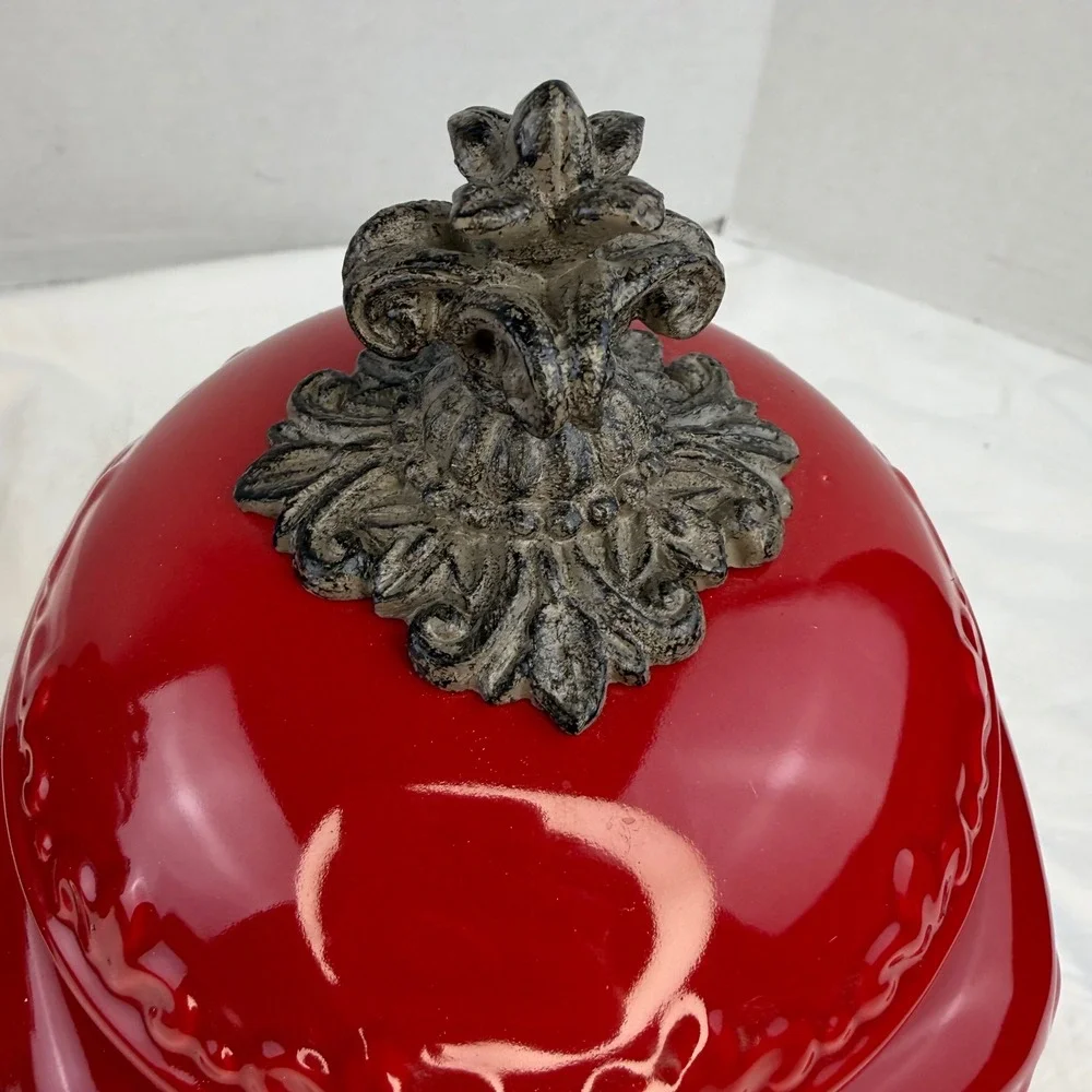 Drake Design Red Ceramic Canister Set of 3 Fleur De Lis Metal Base Kitchen Decor